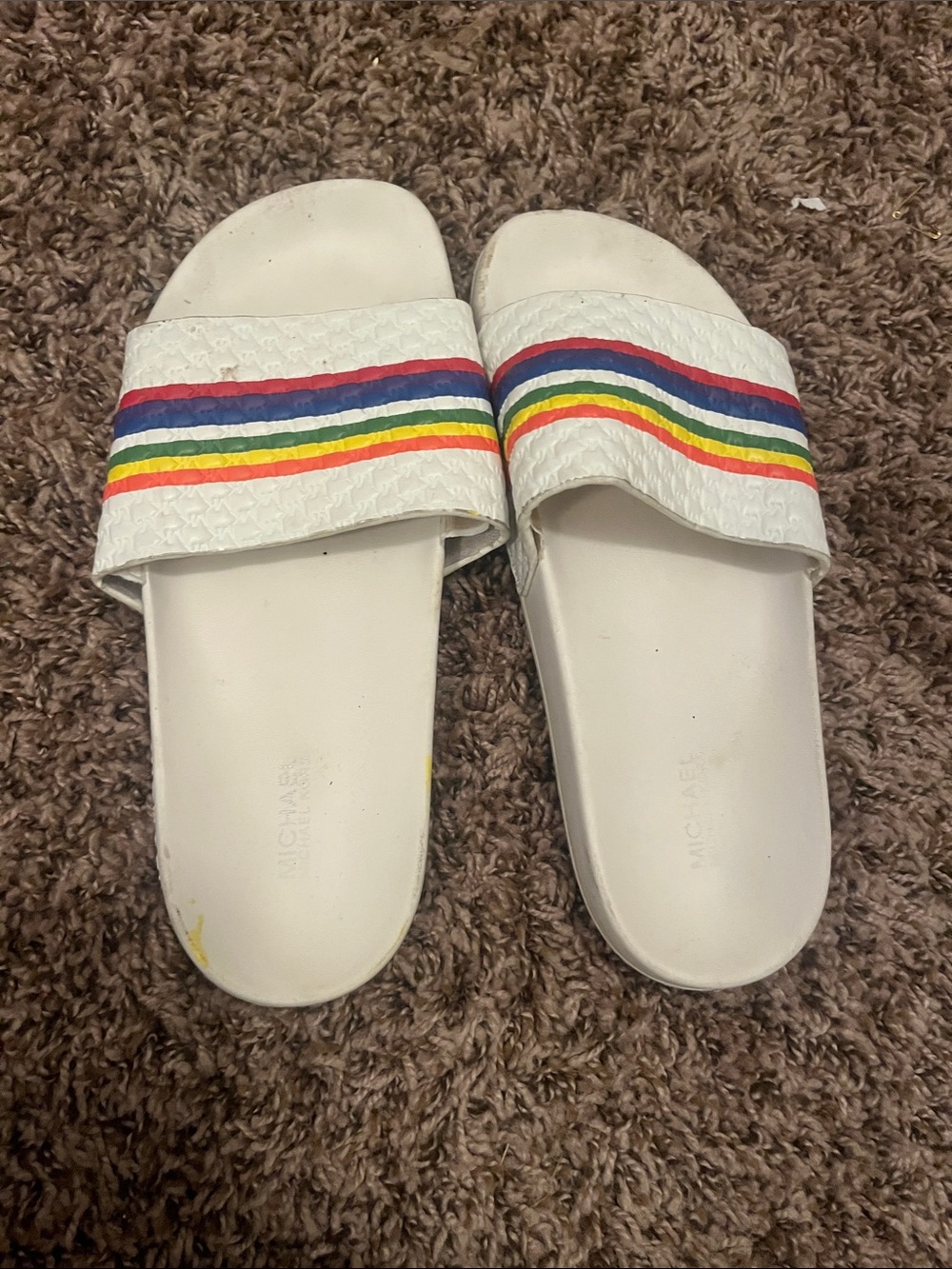Michael Kors White Kids Slide Sandals with Rainbow Stripe Detail